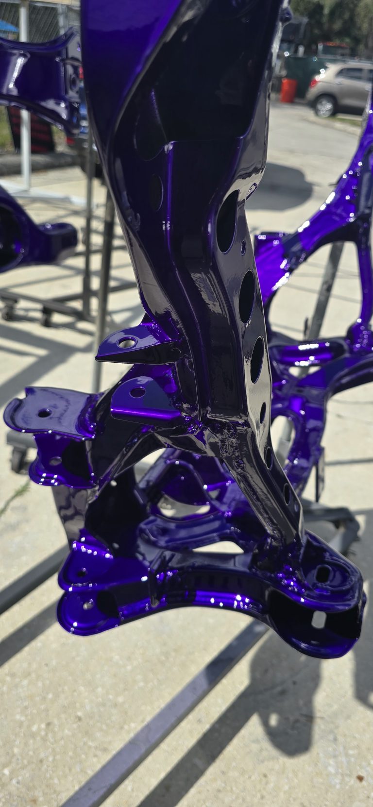 Close view of a motorcycle frame in the workshop