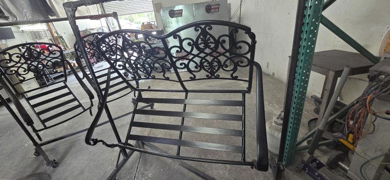 Decorative patio chairs arranged in the workshop
