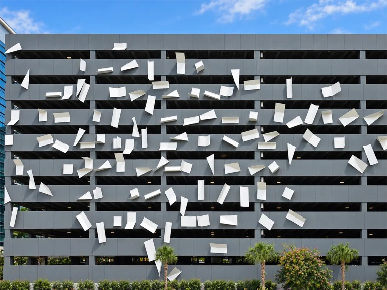 Architectural facade with staggered rectangular panels