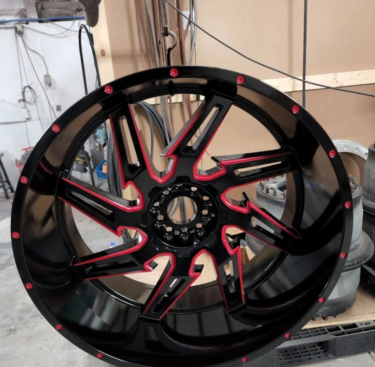 Wheel with angular spoke details displayed in the shop